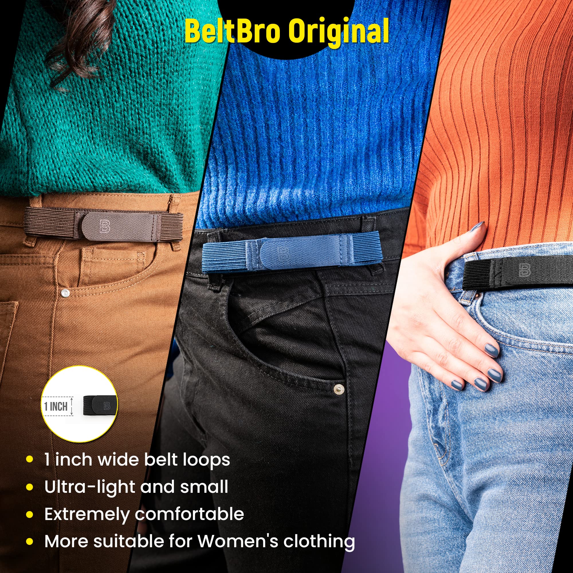 BeltBro For Women No Buckle Elastic Belt — Fits 1 Inch Belt Loops, Easy To Use