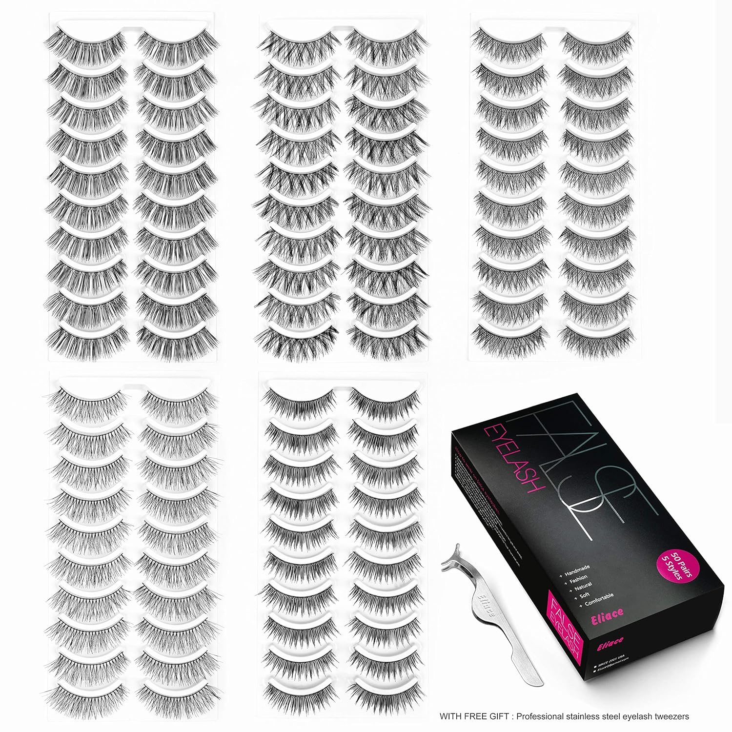Eliace 50 Pairs 5 Styles Lashes Bulk Handmade False Eyelashes Set Professional Fake Eyelashes Pack, Lashes For Women, Eyelashes Natural Look Very Soft and Comfortable, With Free Eyelash Tweezers : Beauty