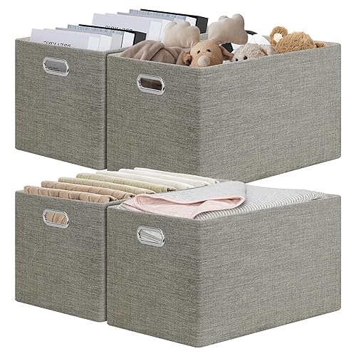 Posprica Closet Storage Bins, 4 Pack Large Closet Shelf Organizers, Linen Fabric Decorative Storage Baskets for Organizing, Foldable Storage Box for Clothes, Toy, 16.5x12x10.25 Inch-Coffee