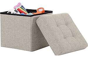 Ornavo Home 15 Inch Folding Storage Ottoman with Storage, Square Small Storage Ottoman Foot Rest Stool, Bedroom Bench with Storage - (Beige)
