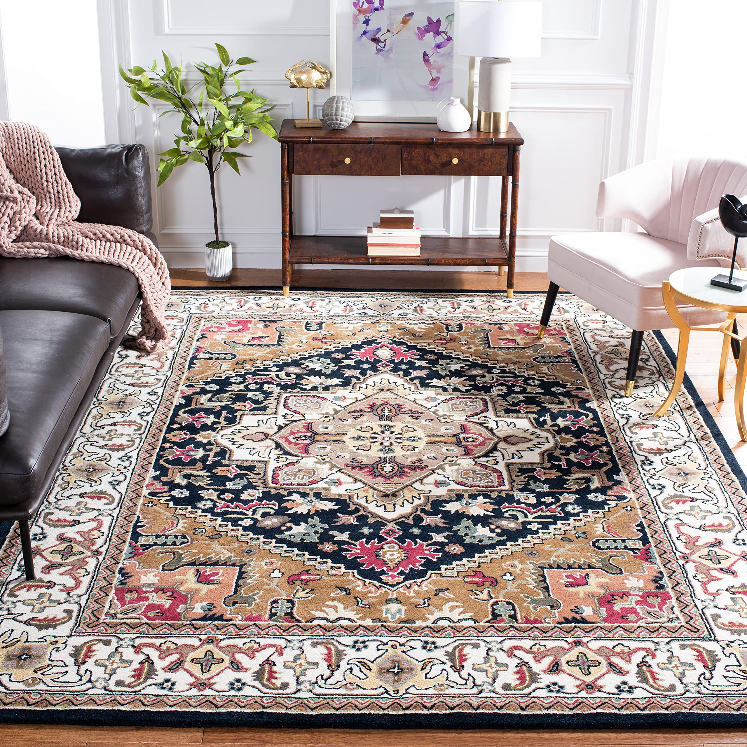 SAFAVIEH Heritage Collection Area Rug – 8′ Square, Navy & Brown, Handmade Wool, Traditional Oriental Medallion Design, Ideal for Living Room, Bedroom, Dining Space (HG625T)