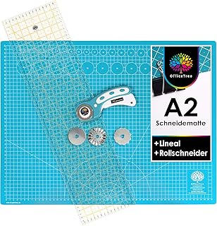 OfficeTree Schneidematte A2 Rollschneider Lineal 60 x 16 cm - Schneidematte A2 blau - selbstheilende Schneideunterlage 60 x 45 cm für professionelle Schnittarbeiten