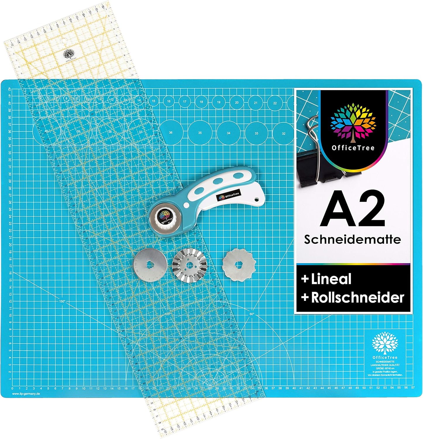 OfficeTree Schneidematte A2 Rollschneider Lineal 60 x 16 cm - Schneidematte A2 blau - selbstheilende Schneideunterlage 60 x 45 cm für professionelle Schnittarbeiten