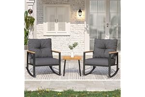 COMLAX FIELD 3 Pieces Rocking Bistro Set, Outdoor Patio Furniture Set with Thick Cushions and Coffee Table, Patio Conversation Sets for Garden, Balcony, Backyard, Grey