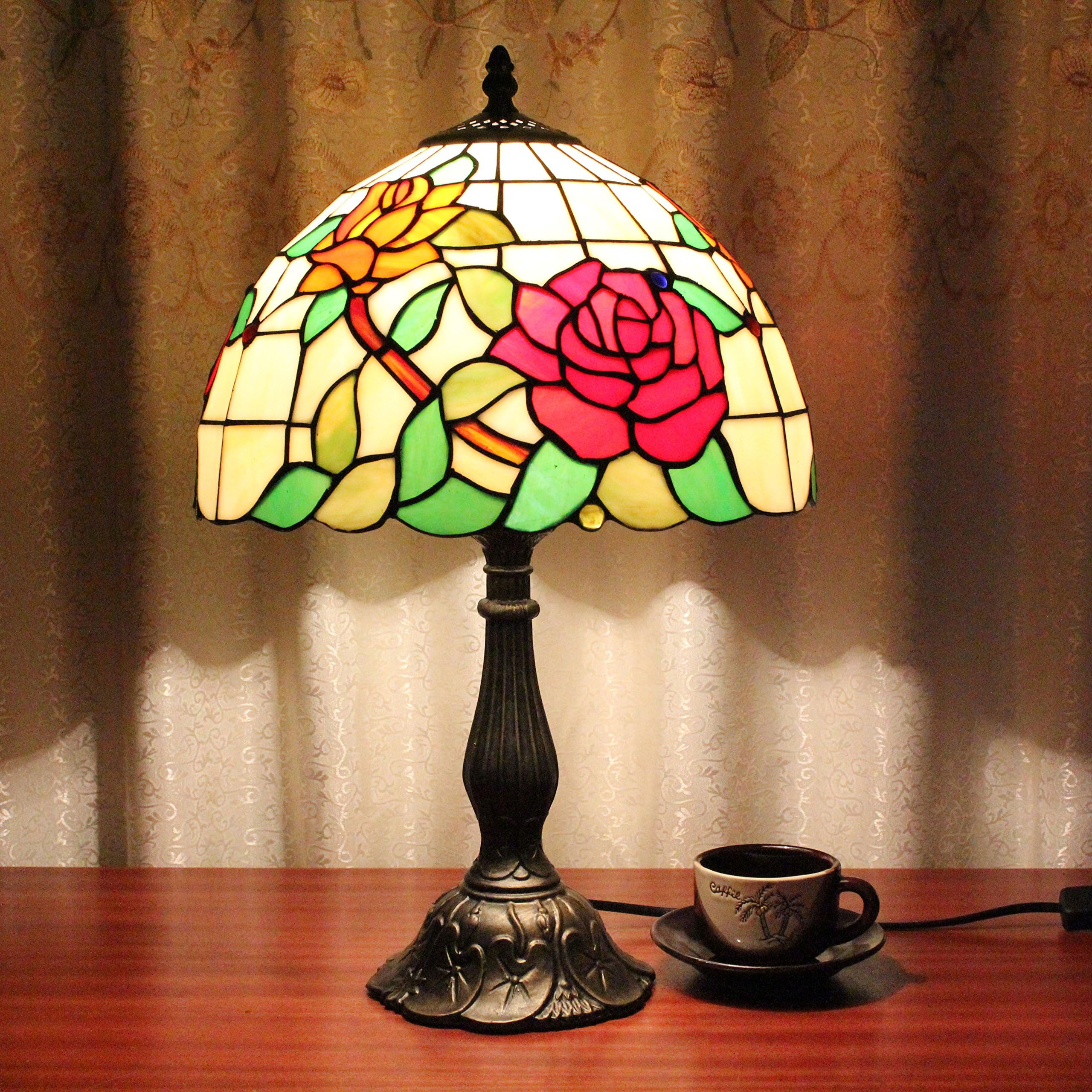 12-Inch Vintage Pastoral Romantic Rose Stained Glass Tiffany Table Lamp Bedroom Lamp Bedside Lamp