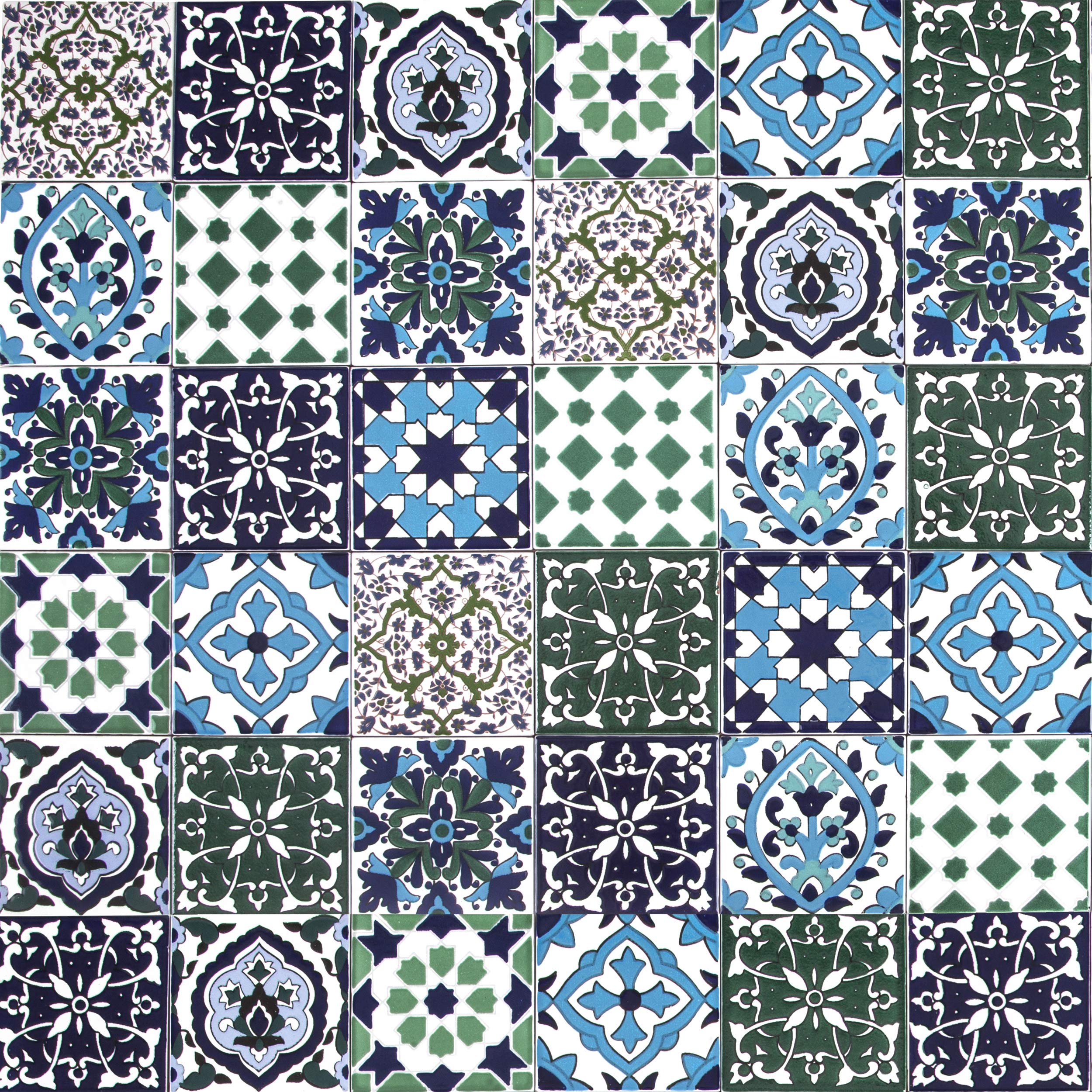 Cerames Moroccan Ceramic Tiles Muhit - 10x10 cm, 50 Pieces, Glazed, Water Resistant, Geometric Pattern, Blue, Green, Yellow, Orange, Black, Perfect for Kitchen Backsplash, Bathroom, Shower