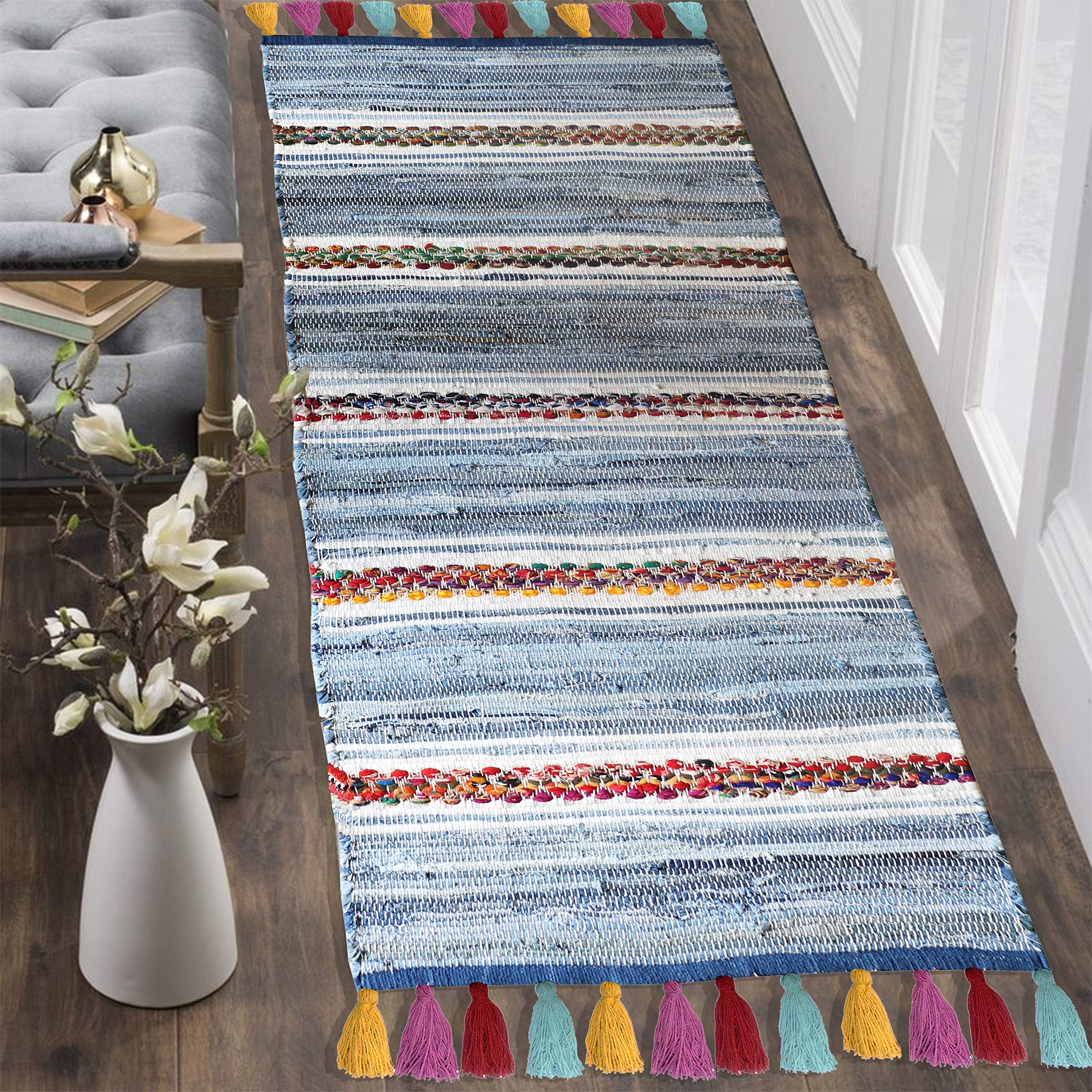 The Home Talk Recycled Denim Area Rug | Carpets Suitable for Living Room, Bedroom, Dining Room, Home Décor | Handcrafted Rugs | Non-Skid | Bohemian Contemporary | 2’ x 5’ | Denim Rag Store