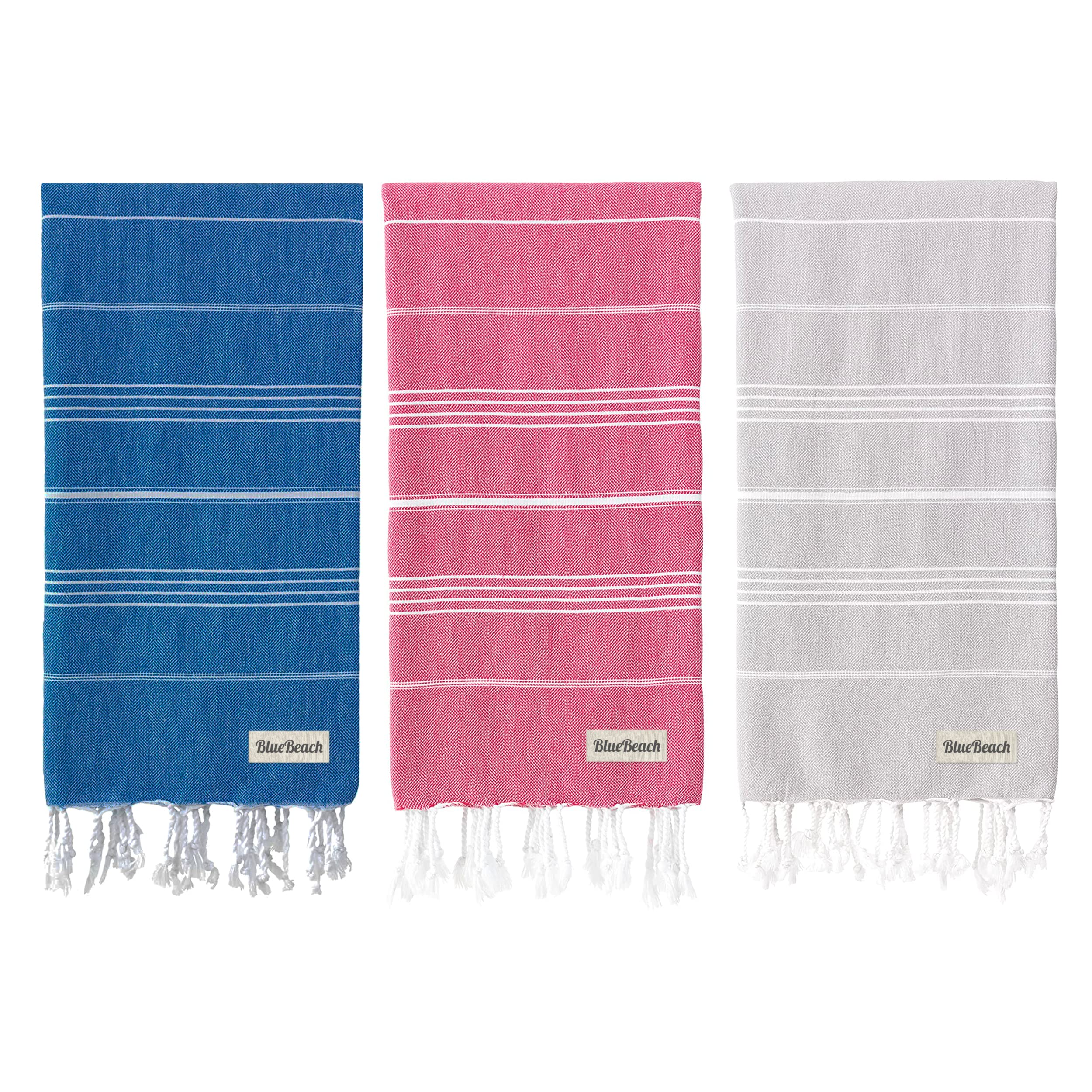 Blue Beach 3 Set Turkish Beach Towels-100x180cm Large Turkish Hammam Peshtemal Towel - Super Absorbent, Lightweight, Compact for Swimming, Bath, Gym, Sauna and Travel (Blue - Silver Grey - Fuschia) — image 1