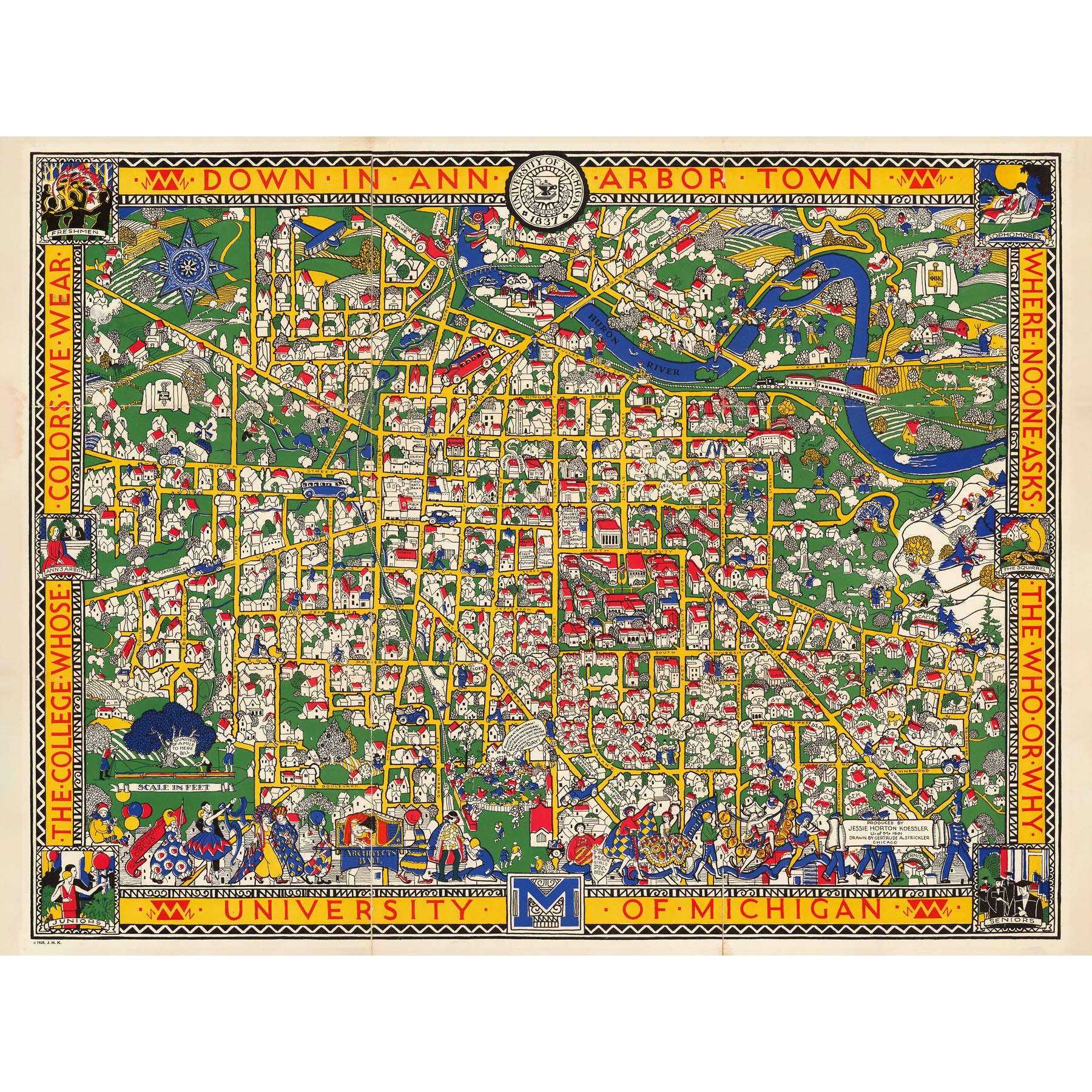 Artery8 Map Koessler 1926 University Michigan Pictorial Large Wall Art Poster Print Thick Paper 18X24 Inch