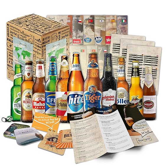 „BIERE DER WELT“ 12 Flaschen ++ Geschenkkarton ++ Bierinformationen ++ Bierdeckel. Biergeschenk für Männer/Geburtstag / Weihn