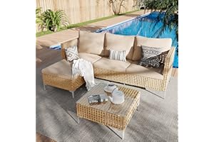 Ophelian 3 Piece Outdoor Furniture Couch Set, Apartment Patio Sectional Furniture, Patio Chaise Sofa Sets with All Weather Wicker, Perfect for Balcony, Porch, Lawn, Backyard (Yellow/Beige)