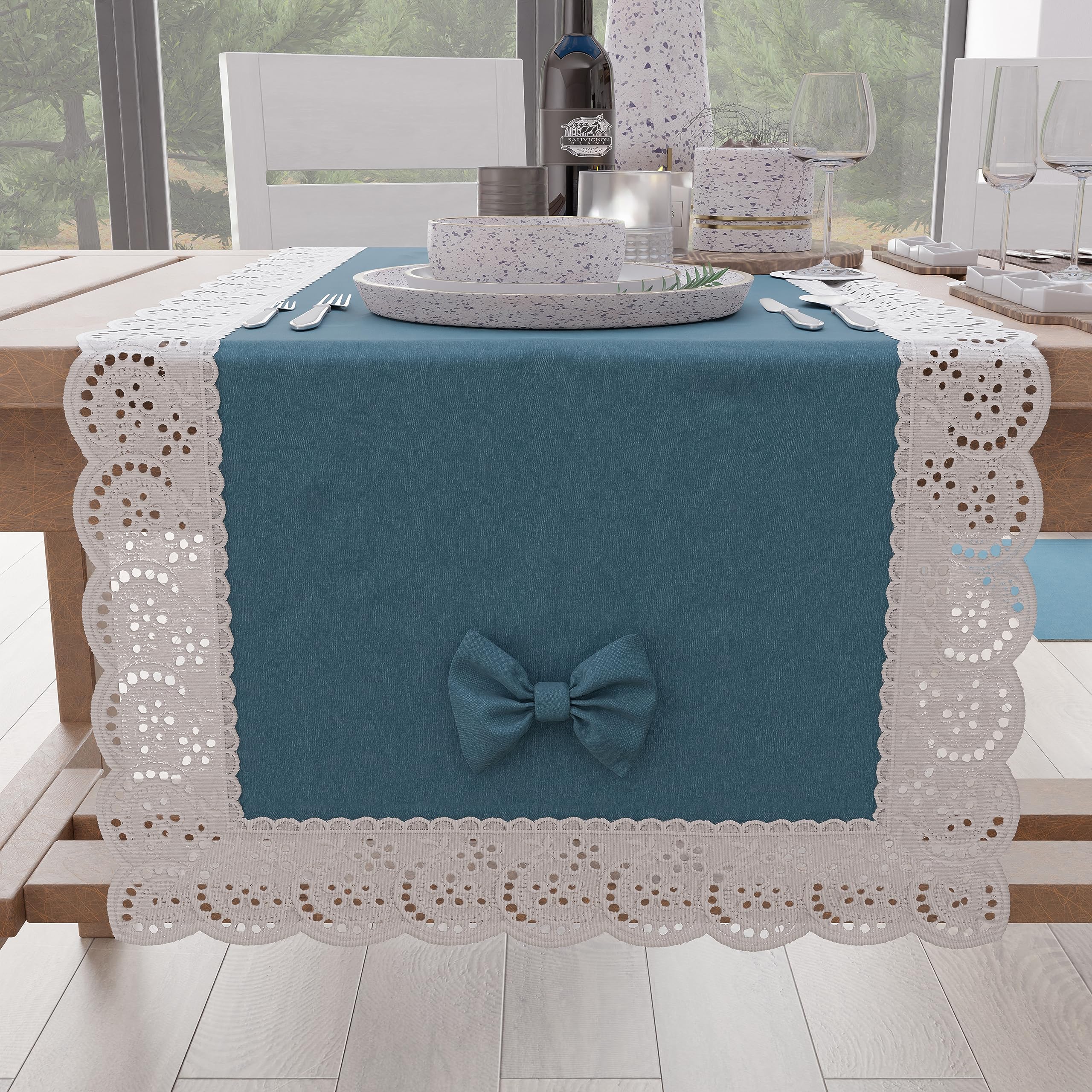 PETTI Artigiani Italiani - Elegant Cotton Table Runner for Kitchen Table, Living Room, Dining Room, Plain Tablecloths with Lace Frill and Bows 40 x 140 cm, Avion