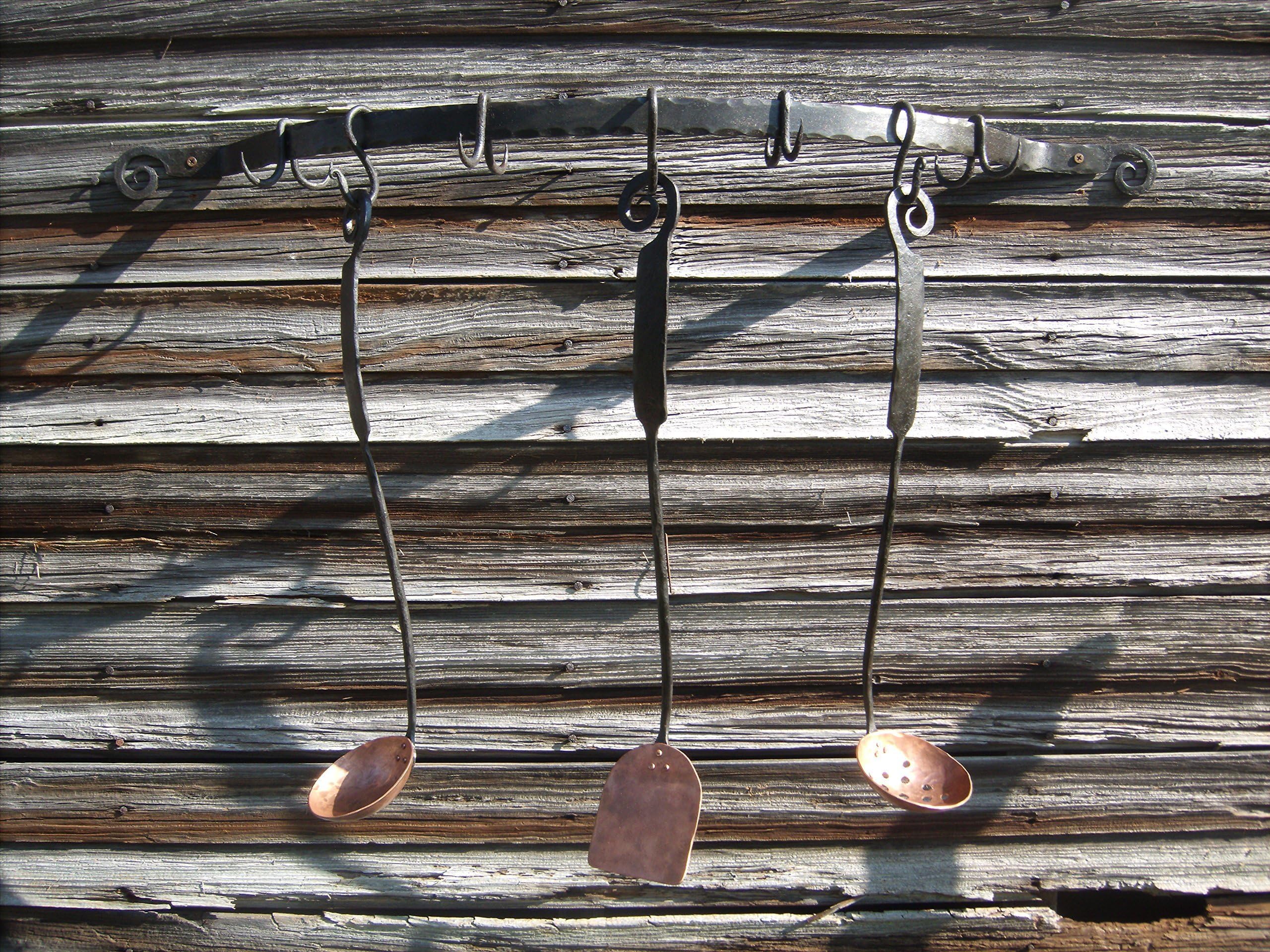 Kitchen Pot Rack Set with Utensils Spoon Ladle Spatula Hooks Blacksmith Made Roy Adams Custom Made to Order