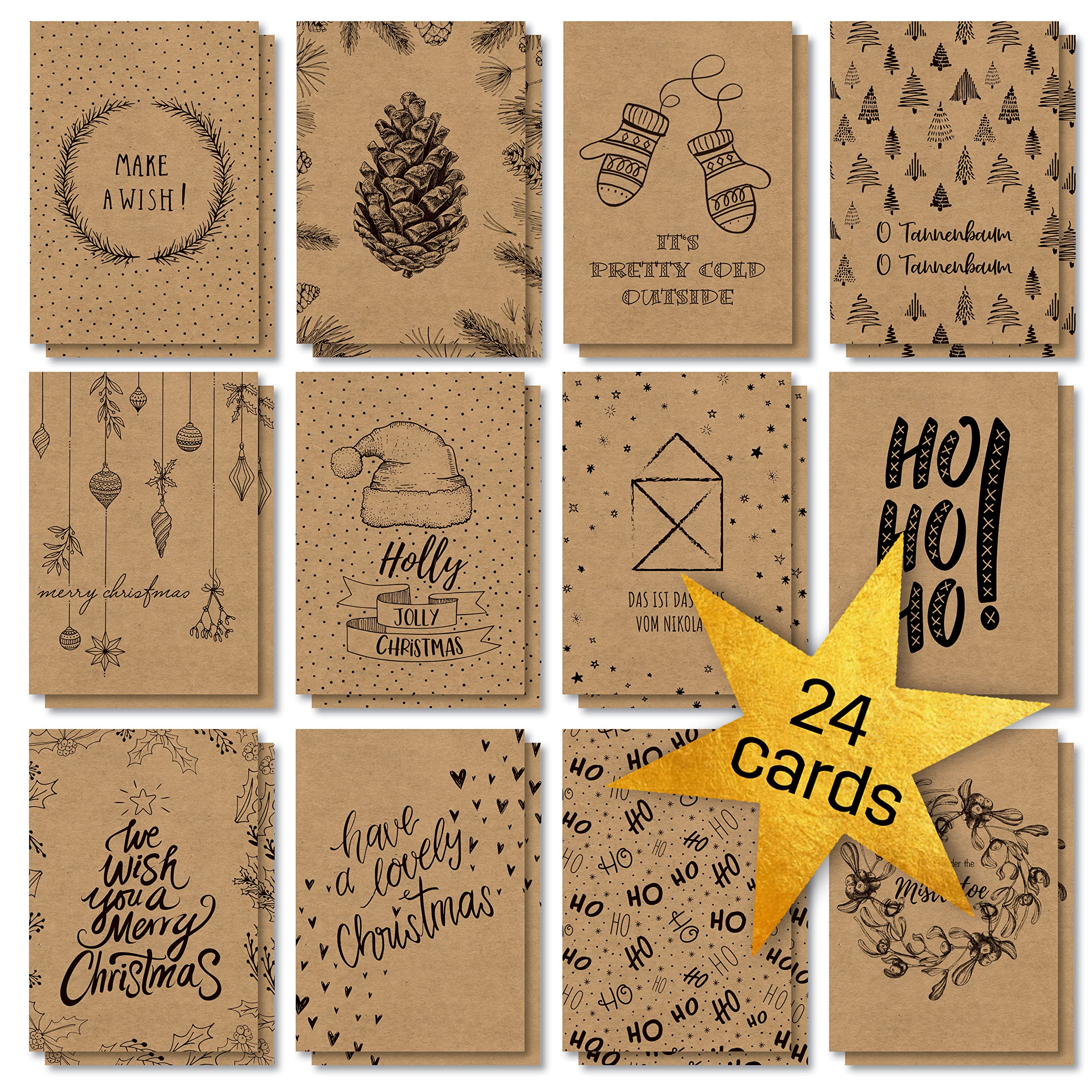 SIGEL DS700 Set of 24 Christmas postcards, 12 motifs, PEFC Certified Kraft Paper, pre-printed, easy to print