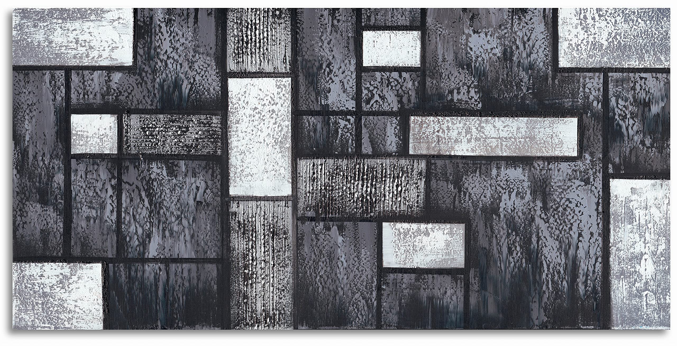 Photo 1 of 100% Hand Painted Square Modern Oil Painting on Canvas Heavy Textured Black White Abstract Wall Art Decor for Living Room Bedroom Framed Ready to Hang 48x24inch