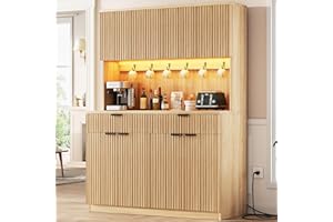 Jocoevol Fluted Kitchen Pantry Storage Cabinet with Charging Station/LED Light/Doors/Shelves, 71'' Tall Kitchen Food Hutch with Microwave Stand for Dining Room Living Room (Natural, 47 * 15.7 * 71)