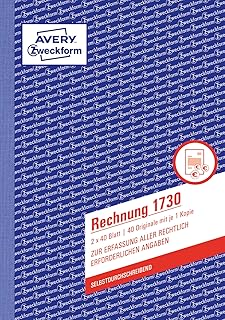 AVERY Zweckform 1730 Rechnung (A5, 2x40 Blatt, selbstdurchschreibend mit farbigem Durchschlag, mit Netto- und Bruttobetrag, MwSt. uvm., zur Erfassung aller rechtlich erforderlichen Angaben) weiß/gelb