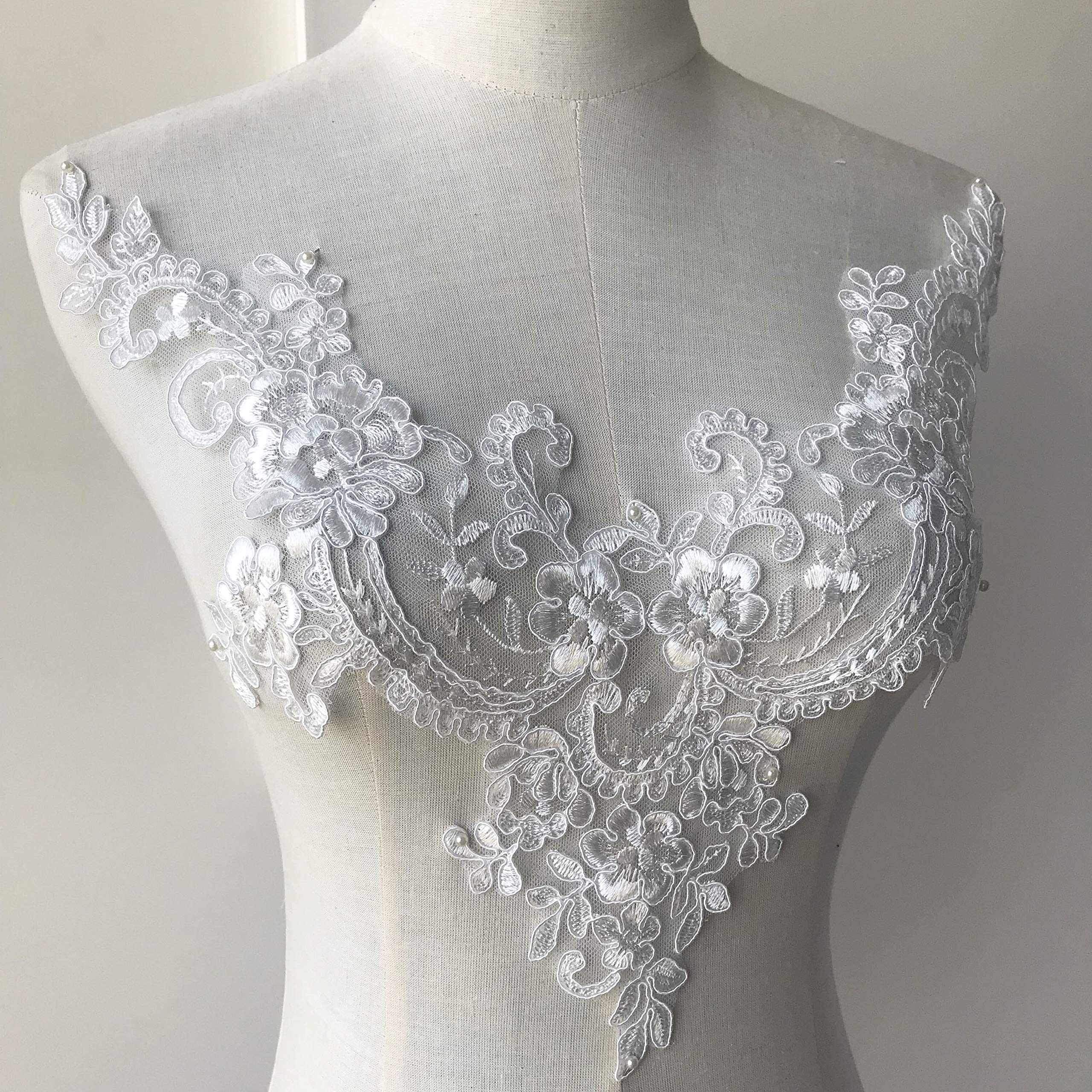 Off White V-Neck Lace Applique Embroidery Floral Bridal Wedding Lace Motif Trims Sewing Patches for Craft Projects