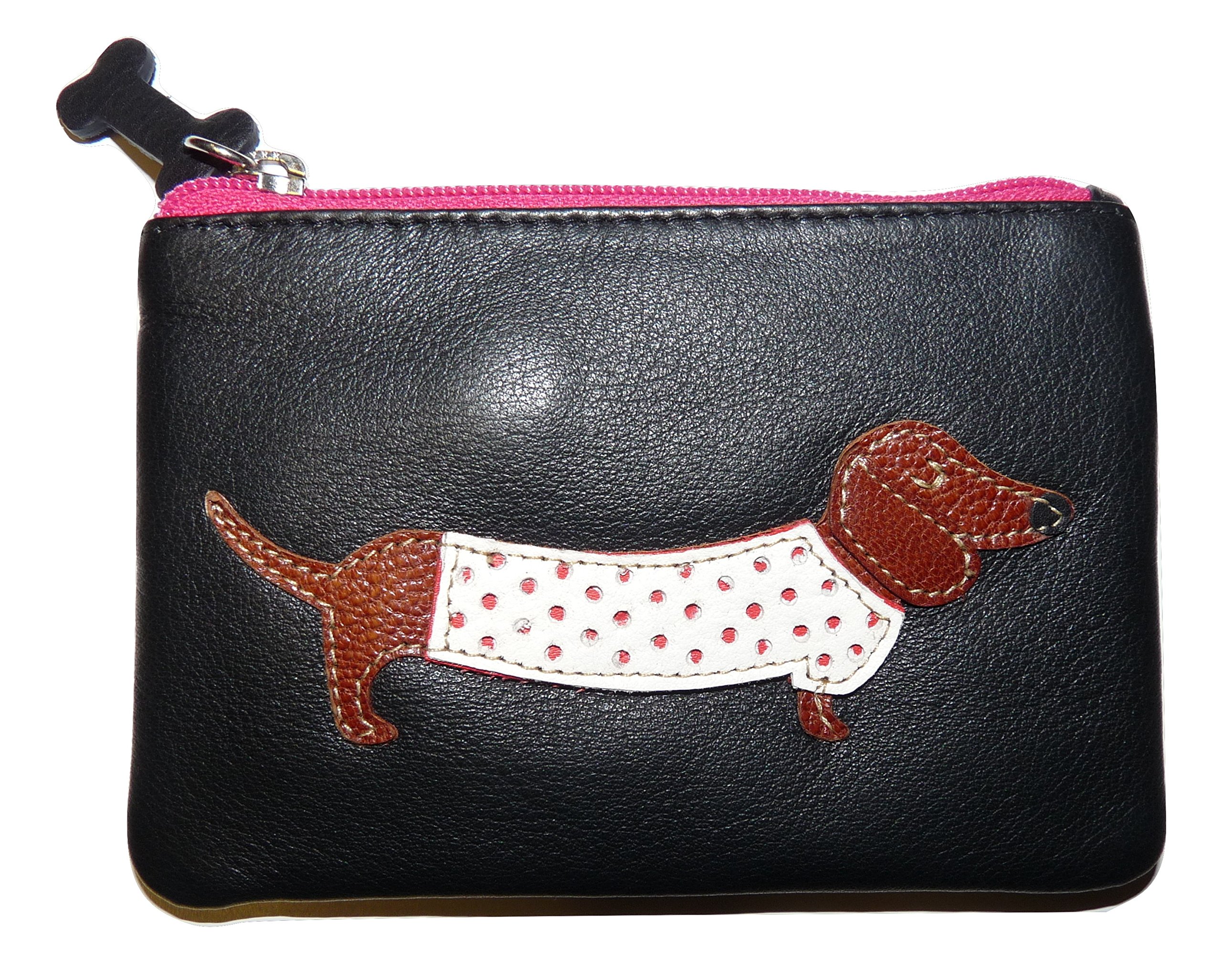 Mala Leather Sausage Dog Coin Purse, Soft Leather, Pink or Black, Style 4133/65 (Black)