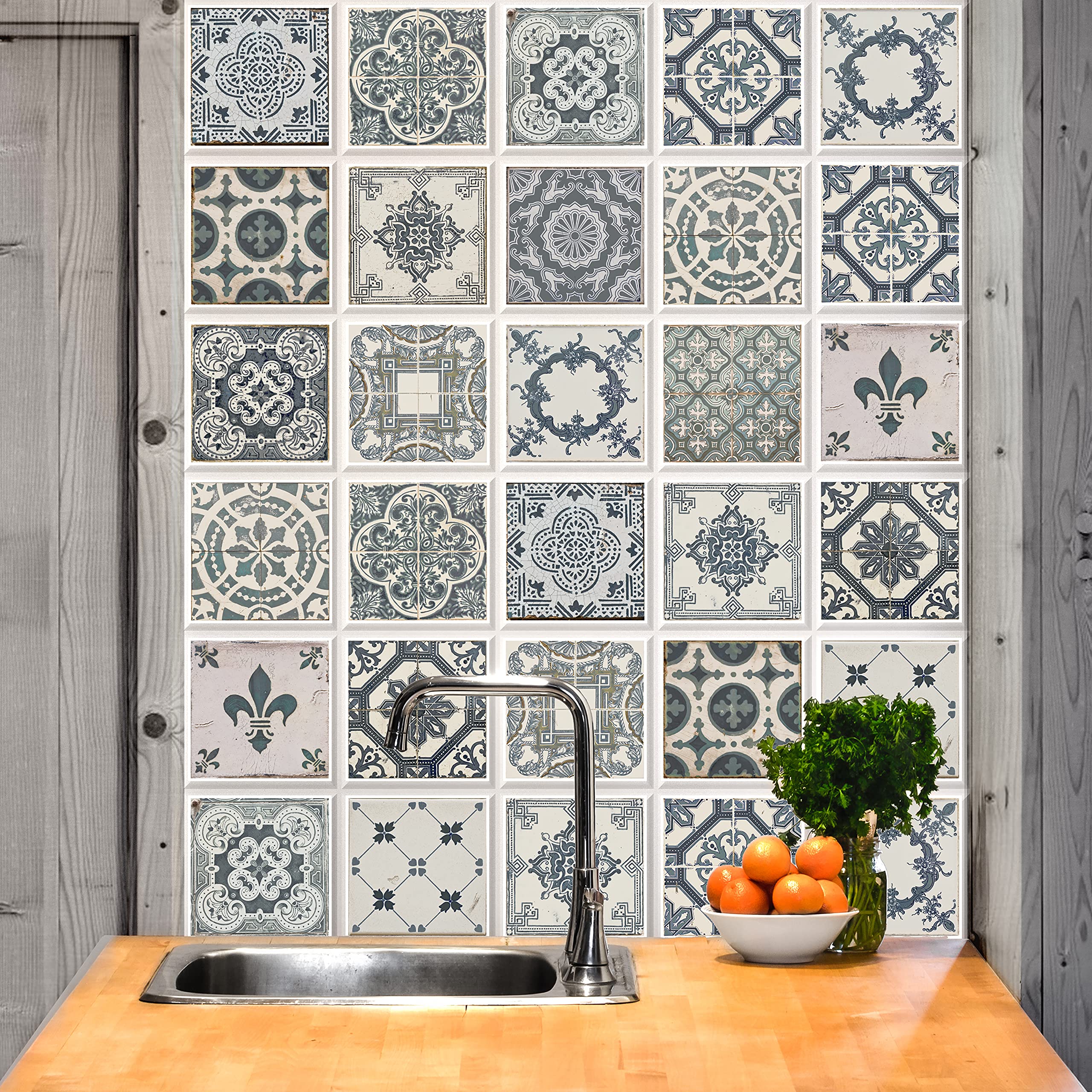 WALPLUS 10cm24pcs Blue Azulejo Mosaic Wall Tile Stickers Peel and Stick Backsplash Self-Adhesive Decals Home Decor Living Room DIY Splashbacks Spring Easter Decoration Tile Paint Stick on Tiles Idea