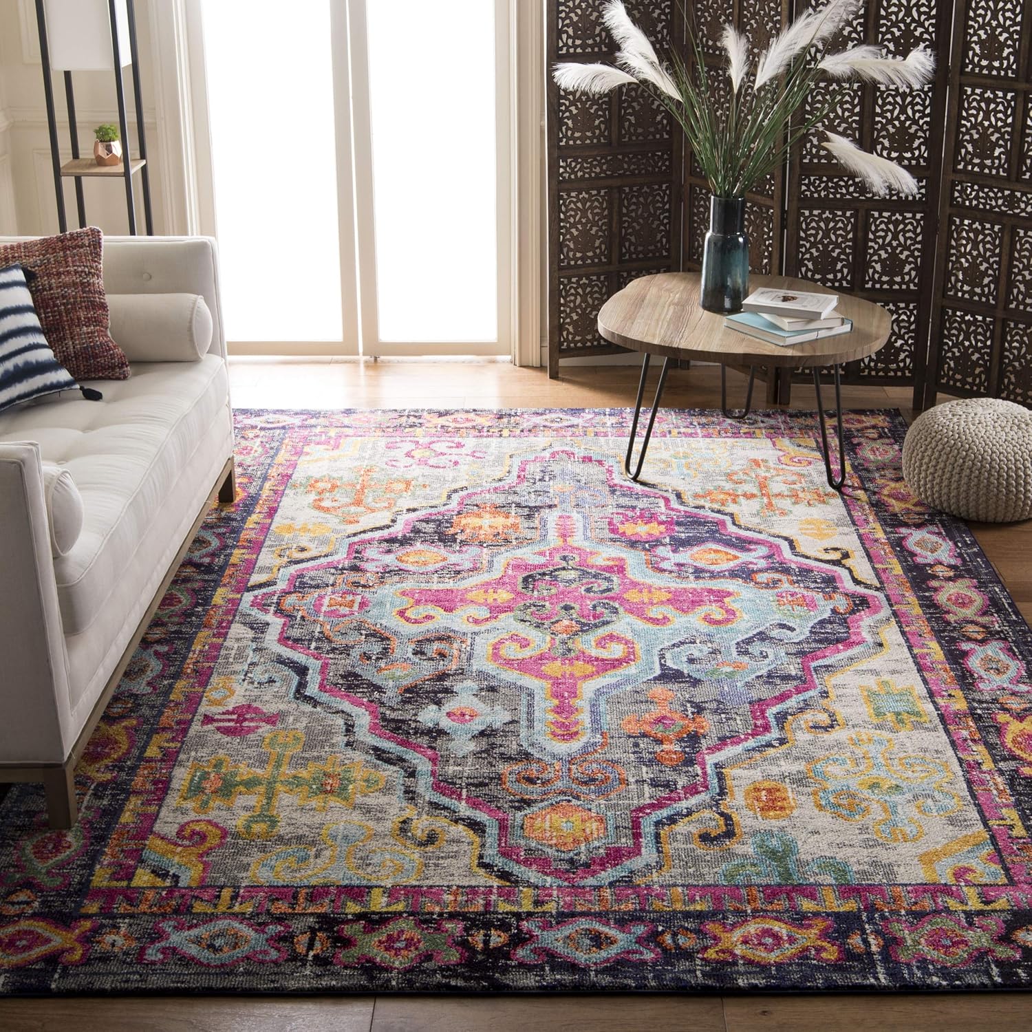 Safavieh Monaco Collection MNC247R Vintage Bohemian Medallion Distressed Grey and Fuchsia Pink Area Rug (3' x 5')