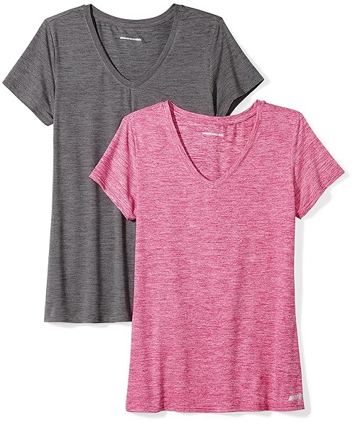 Amazon Essentials Women's Active Quick Dry Tech Stretch Short-Sleeve V-Neck T-Shirt (Available in Plus Size), Pack of 2, Charcoal Heather Space Dye/Raspberry Red Space Dye, X-Small