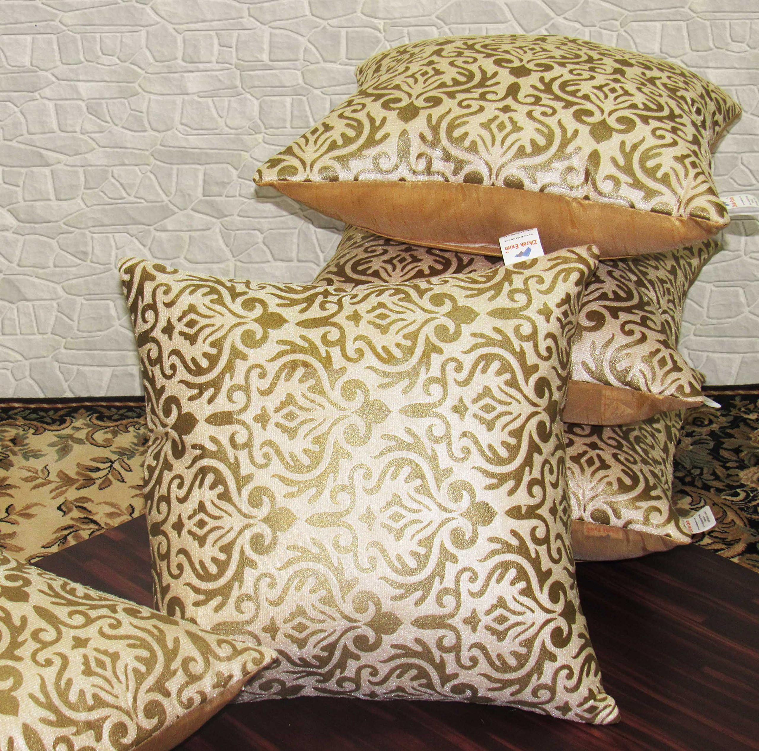 ZIKRAK EXIM Polyester Golden Printed Small Size Cushion Cover Set (Beige, 12'' x 12'') - 5 Piece
