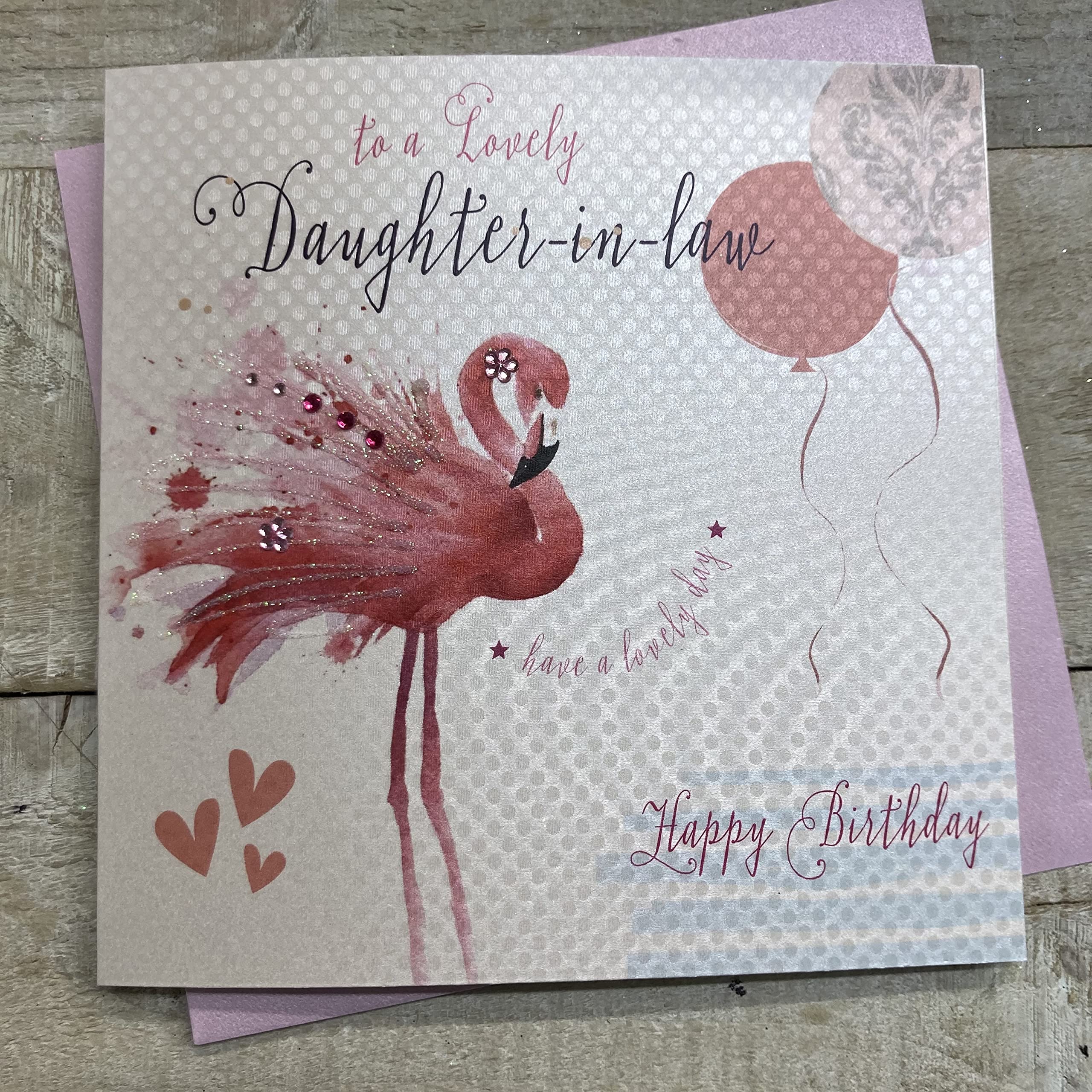 White Cotton Cards Pink Flamingos Happy Birthday To A Lovely Daughter-in-Law Handmade Birthday Card, BD90 NEW,16cm x 16cm