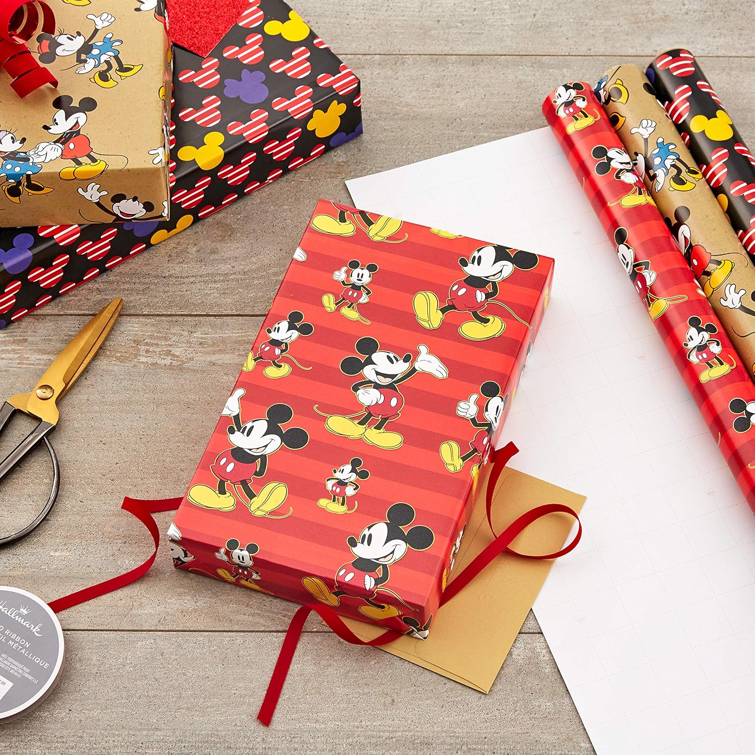Hallmark Disney Mickey Mouse Wrapping Paper with Cut Lines on Reverse (3-Pack: 60 sq. ft. ttl) for Birthdays, Christmas, Hanukkah, Baby Showers and More: Kitchen & Dining