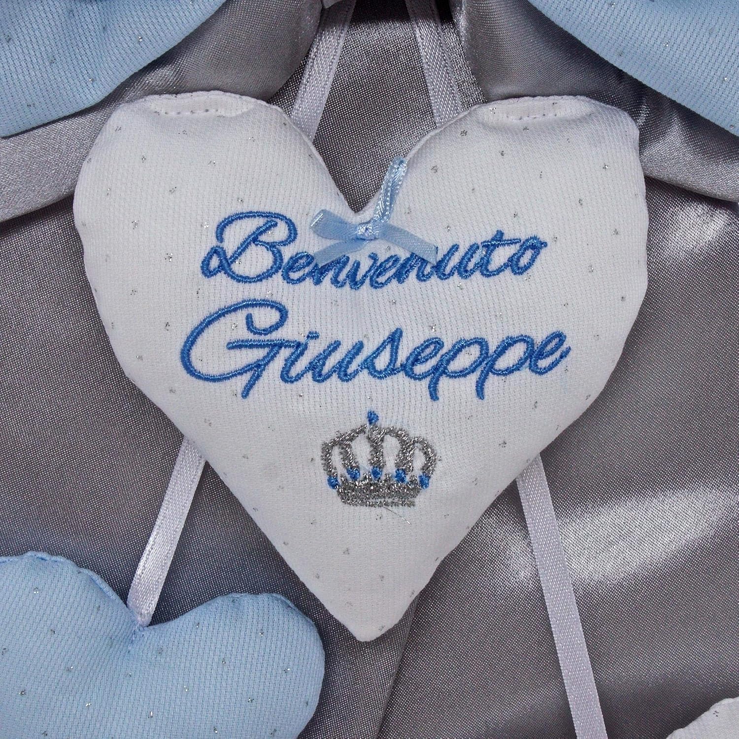 Fiocco Nascita Bimbo In Raso Grigio E Cotone Azzurro E Bianco Coccarda Maschietto Ricamo Corona Frase Benvenuto E Frase Su Pendente Amazon It Handmade
