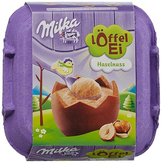Milka Löffel-Ei, 4 Alpenmilchschokolade-Eier mit Haselnusscremefüllung ...