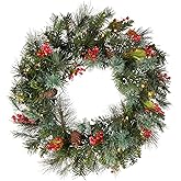 National Tree Company 24 in Pre-Lit Wintry Pine Artificial Christmas Wreath, Christmas Decoration with Pinecones, Red Berries, Snowy Bristle, 50 Clear Lights, 113 Tips, Green