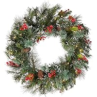 National Tree Company Pre-Lit Artificial Christmas Wreath, Green, Wintry Pine, White Lights, Decorated with Pine Cones, Berry