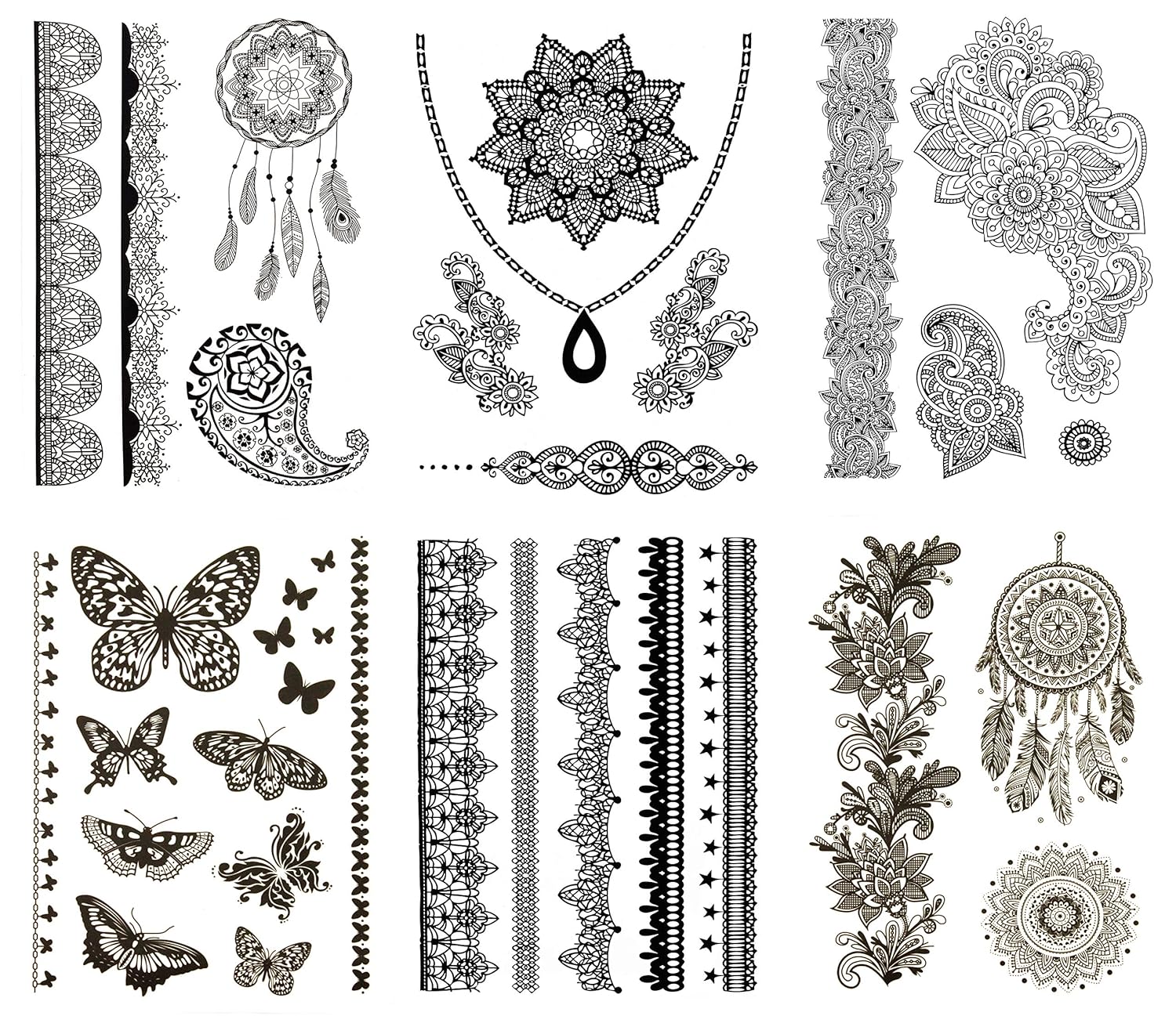 Terra Tattoos Temporary Henna Tattoos - 50 Black Fake Tattoos Flowers Mandalas Arm Bands Dream Catchers Butterflys