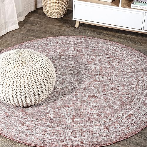 JONATHAN Y Boho Medallion Indoor Outdoor Round Area Rug 8 Ft Red/Taupe, Malta Textured Weave for Backyard, Patio, Porch, Easy-Cleaning, High Traffic, Pet-Friendly, Non-Shedding (SMB104A-8R)