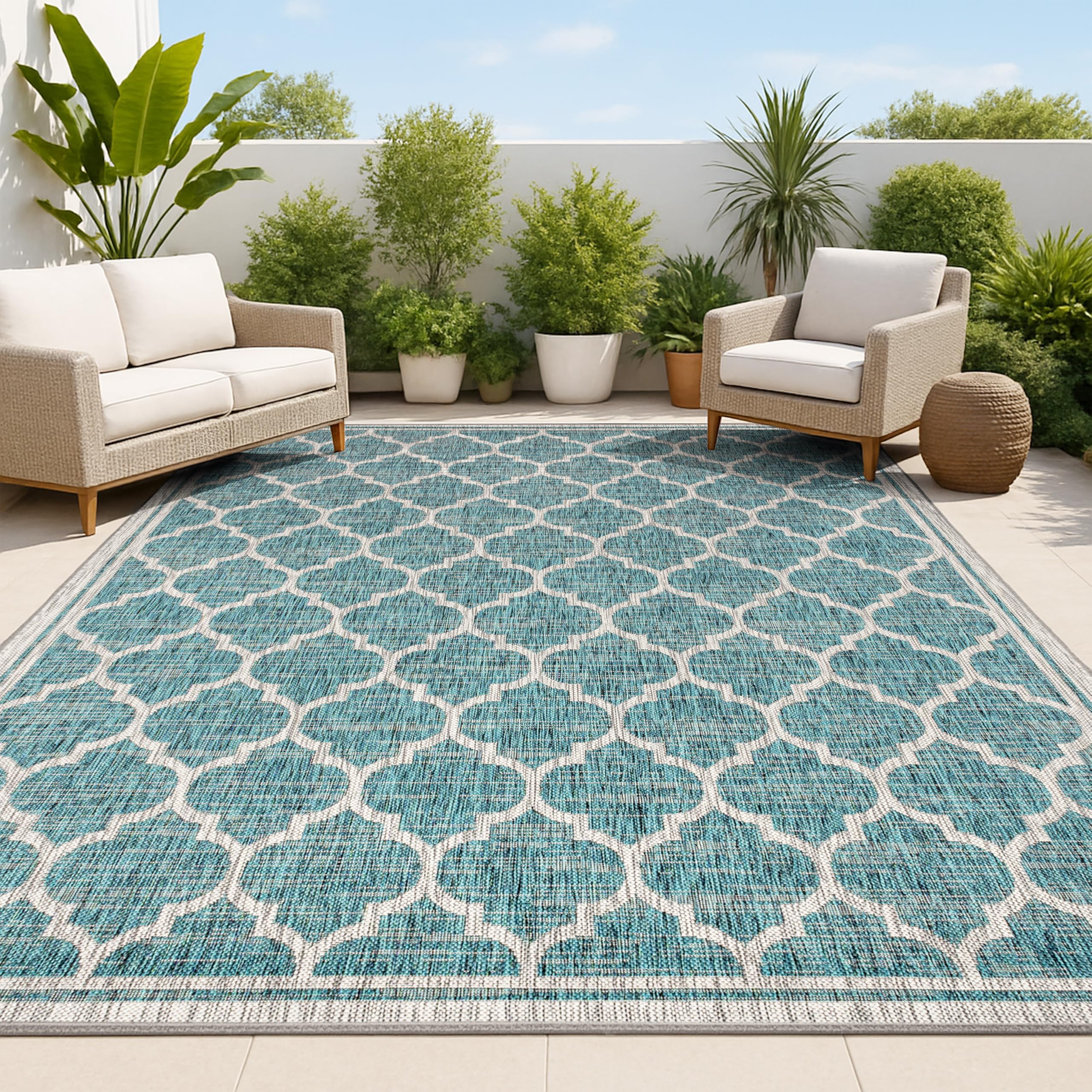 JONATHAN Y Moroccan Trellis Indoor Outdoor Area Rug 10X14 Teal/Gray, Trebol Textured Weave for Backyard, Patio, Porch, Easy-Cleaning, High Traffic, Pet-Friendly, Non-Shedding (SMB109E-14) Image