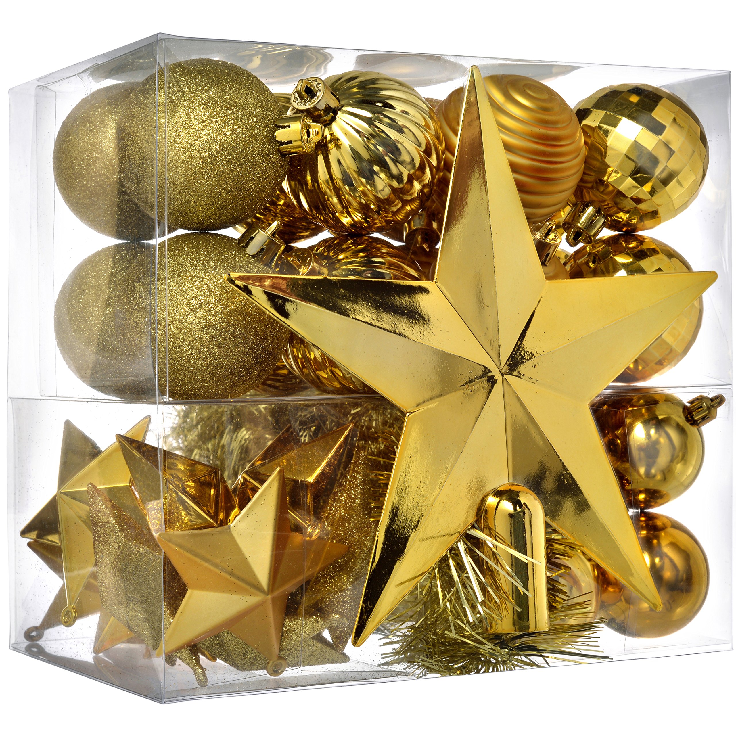 WeRChristmas Shatterproof Baubles with Tree Topper and Garland - 42-Piece, Gold