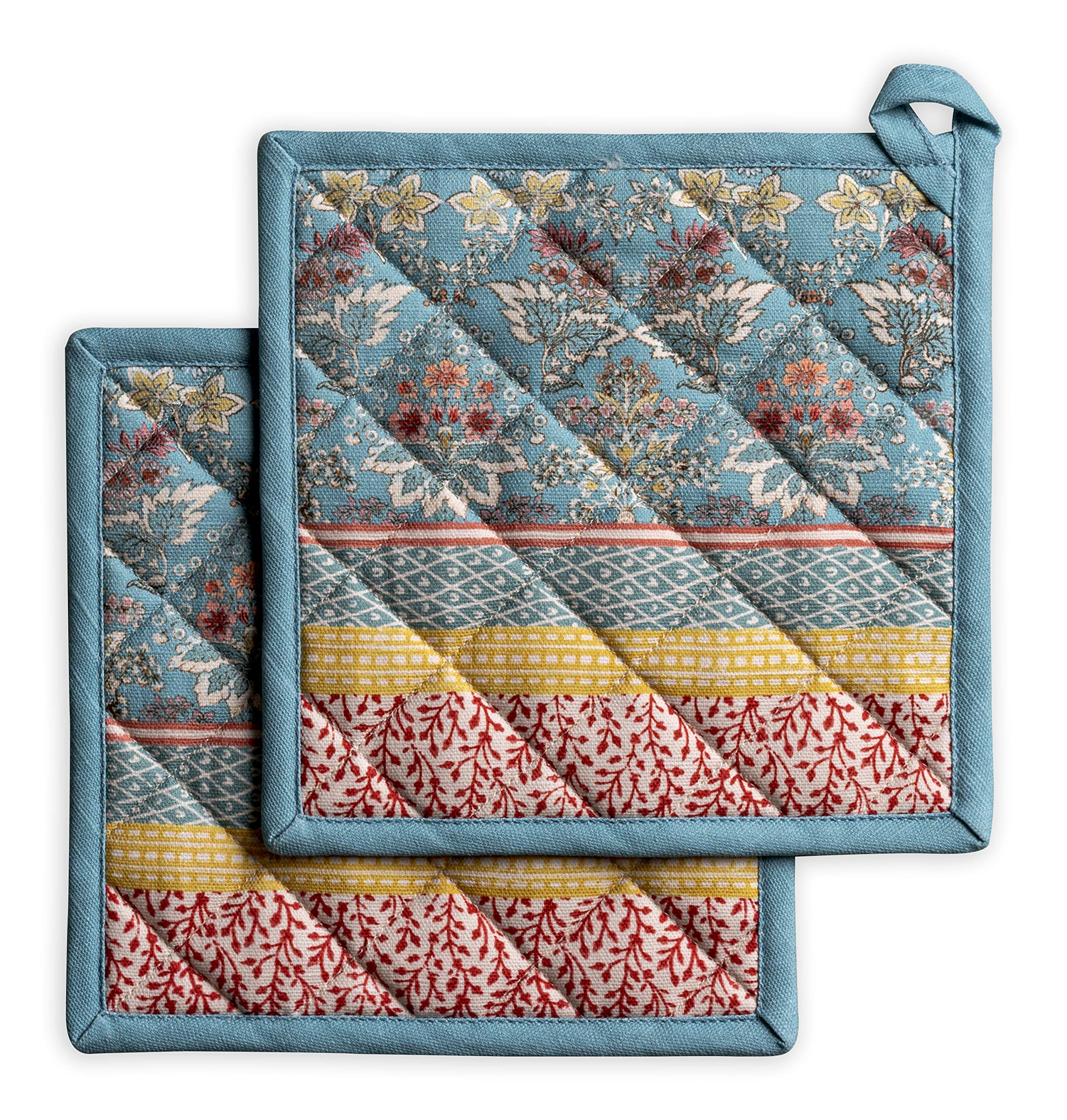 Maison d' Hermine Pot Holders Set 100% Cotton Heat Resistant Potholders 20 cm x 20 cm Hot Pads with Loop for BBQ Cooking Baking Handling Hot Pans Gifts for Mothers Day (Pack of 2, Marquise)