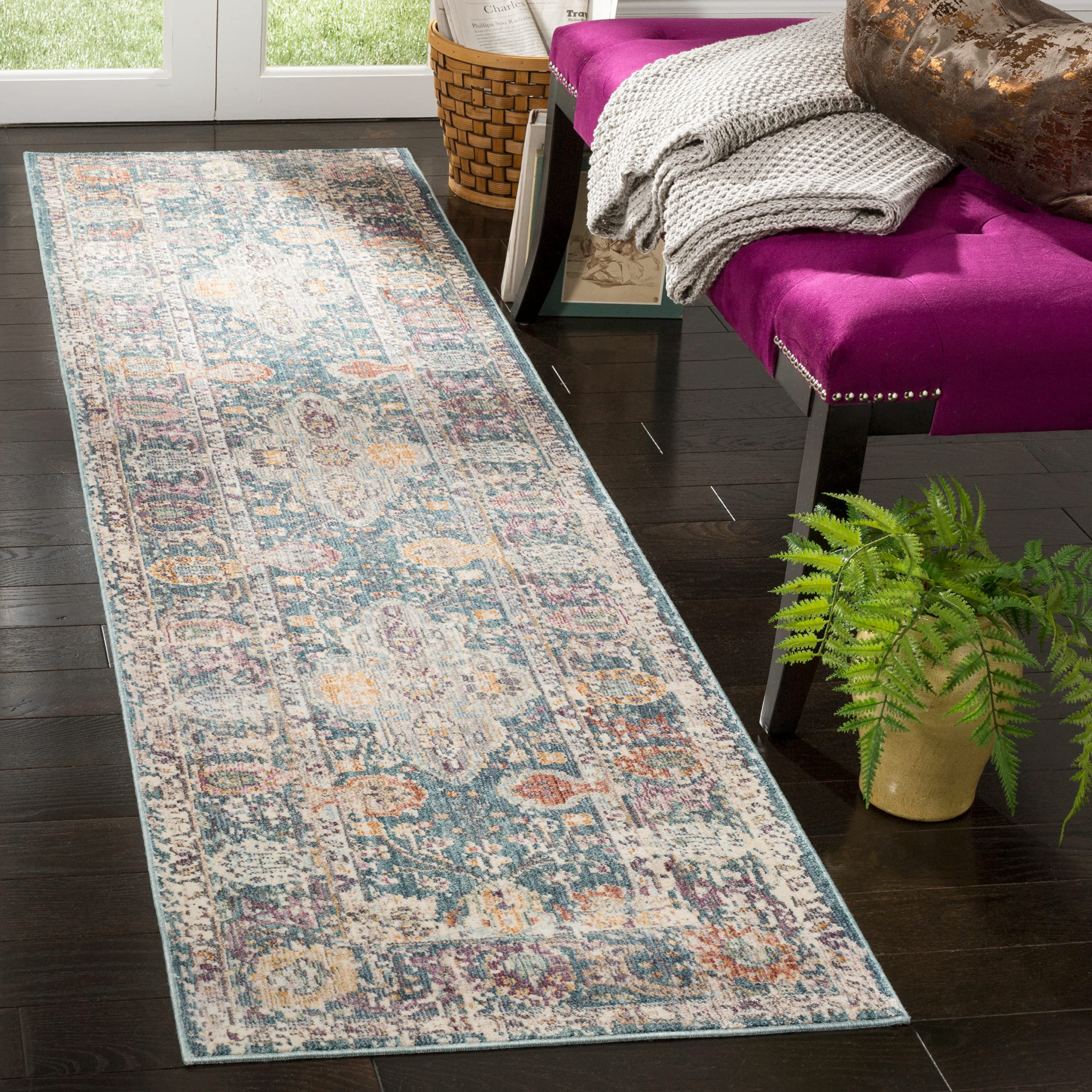 Safavieh Traditional Indoor Woven Runner Area Rug, Illusion Collection, ILL704, in Teal / Cream, 69 X 244 cm for Living Room, Bedroom or Any Indoor Space