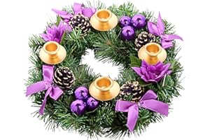 ELITE HOLIDAY PRODUCTS Purple Ribbon Christmas Advent Wreath - for Advent Calendar Season - Centerpiece Decor Candle Holder and X-mas Decorations