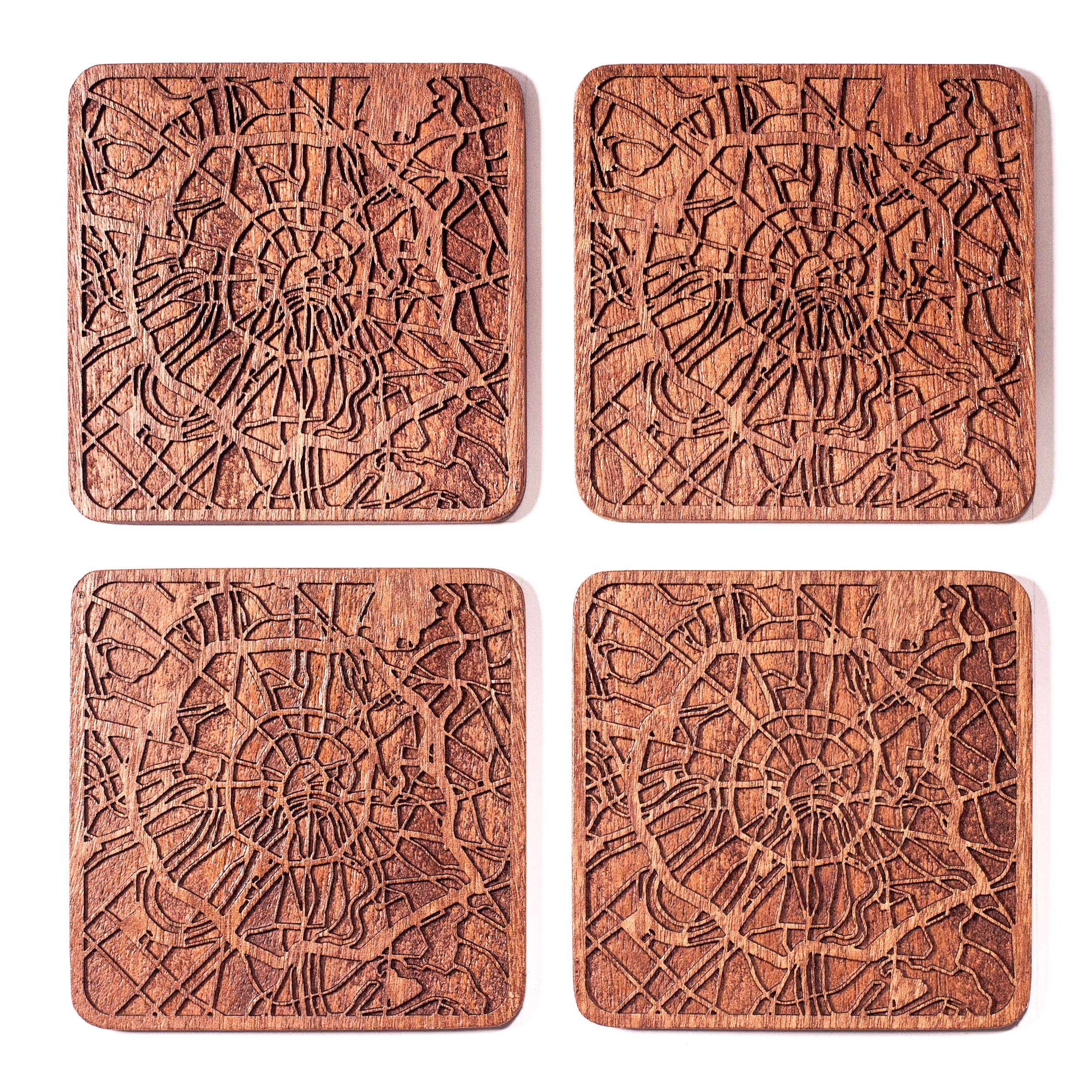 Moscow Map Coaster, Set of 4, Sapele Wooden Coaster with City Map, Handmade