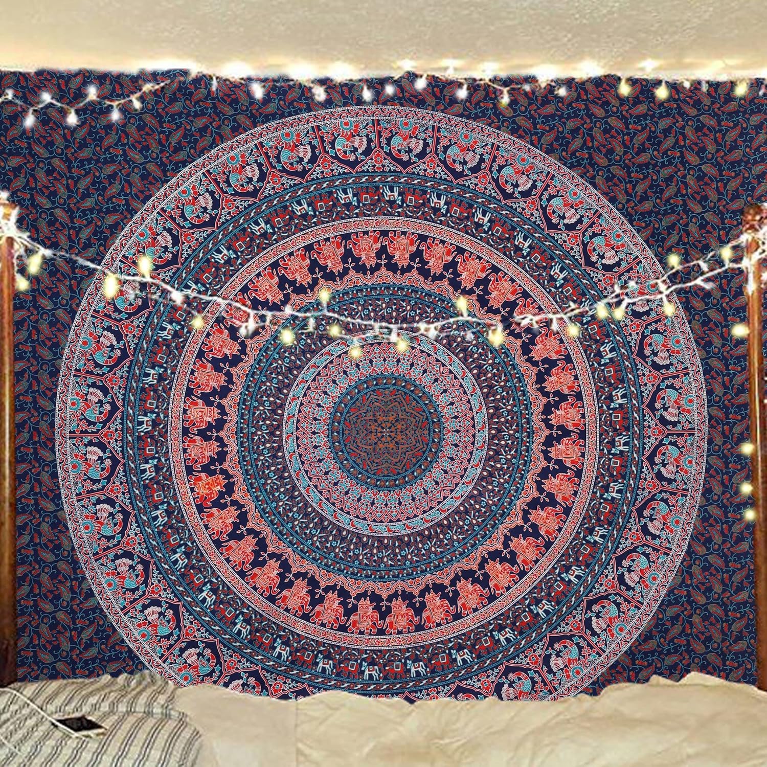 Tapestries - Bless International Indian-hippie-gypsy Bohemian-psychedelic Cotton-mandala Wall-hanging-tapestry-multi-color Large-mandala Hippie-tapestry (Golden Blue, Queen (84x90Inches)(215x230Cms))