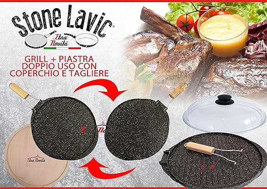 title=PADELLA TESTO ROMAGNOLO DOPPIO USO 32CM IN PIETRA GRANIT STONE LAVIC + COPERCHIO