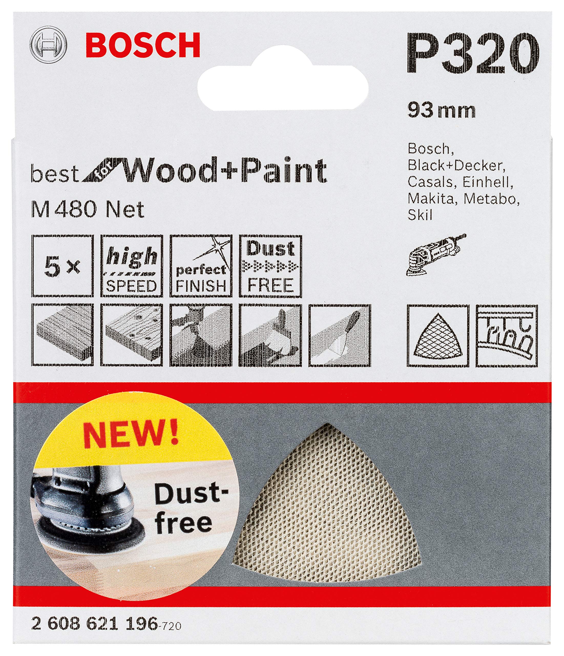 Bosch Professional set of 5 triangular sanding pads M480 Best for Wood and Paint (Wood and paint, Ø 115 mm, grit G320, Accessories for Delta Sander)