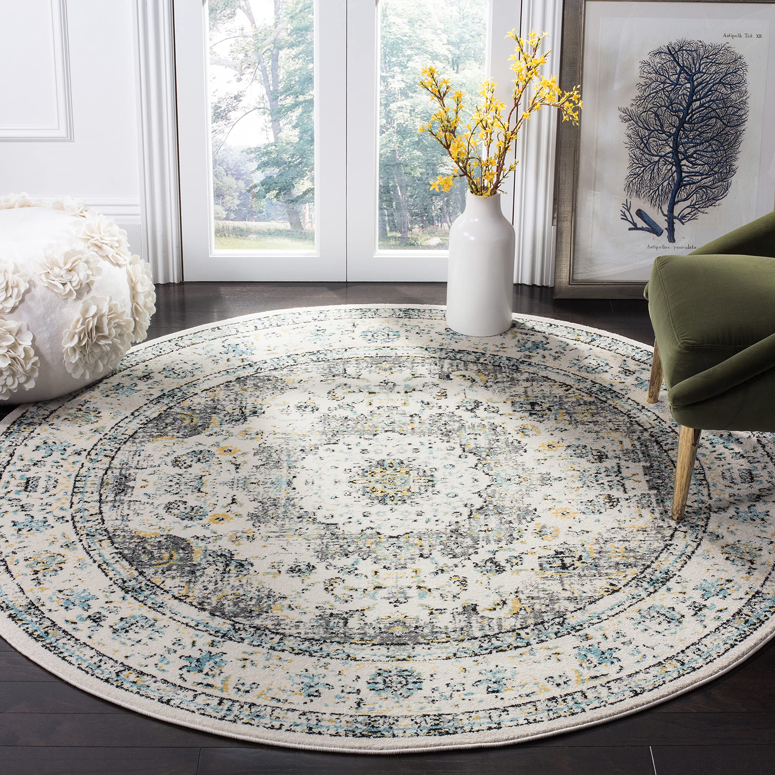 SAFAVIEH Evoke Collection Area Rug - 9' Round, Grey & Gold, Shabby Chic Oriental Medallion Design, Non-Shedding & Easy to Clean, Ideal for Living Room, Bedroom, Dining Space (EVK220B) Image