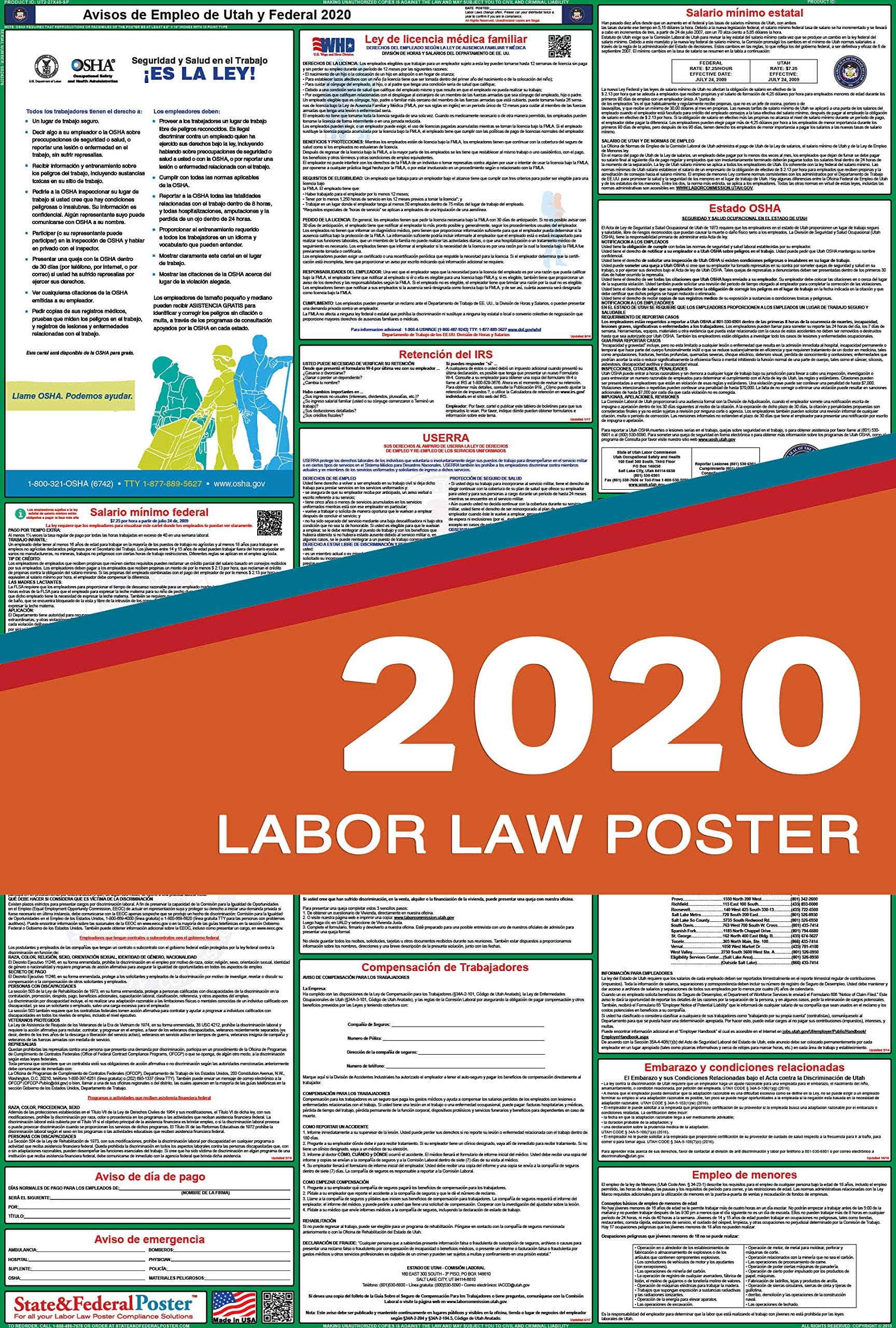 2020 (Spanish) Utah State and Federal Labor Law Poster - Laminated 27" x 40"