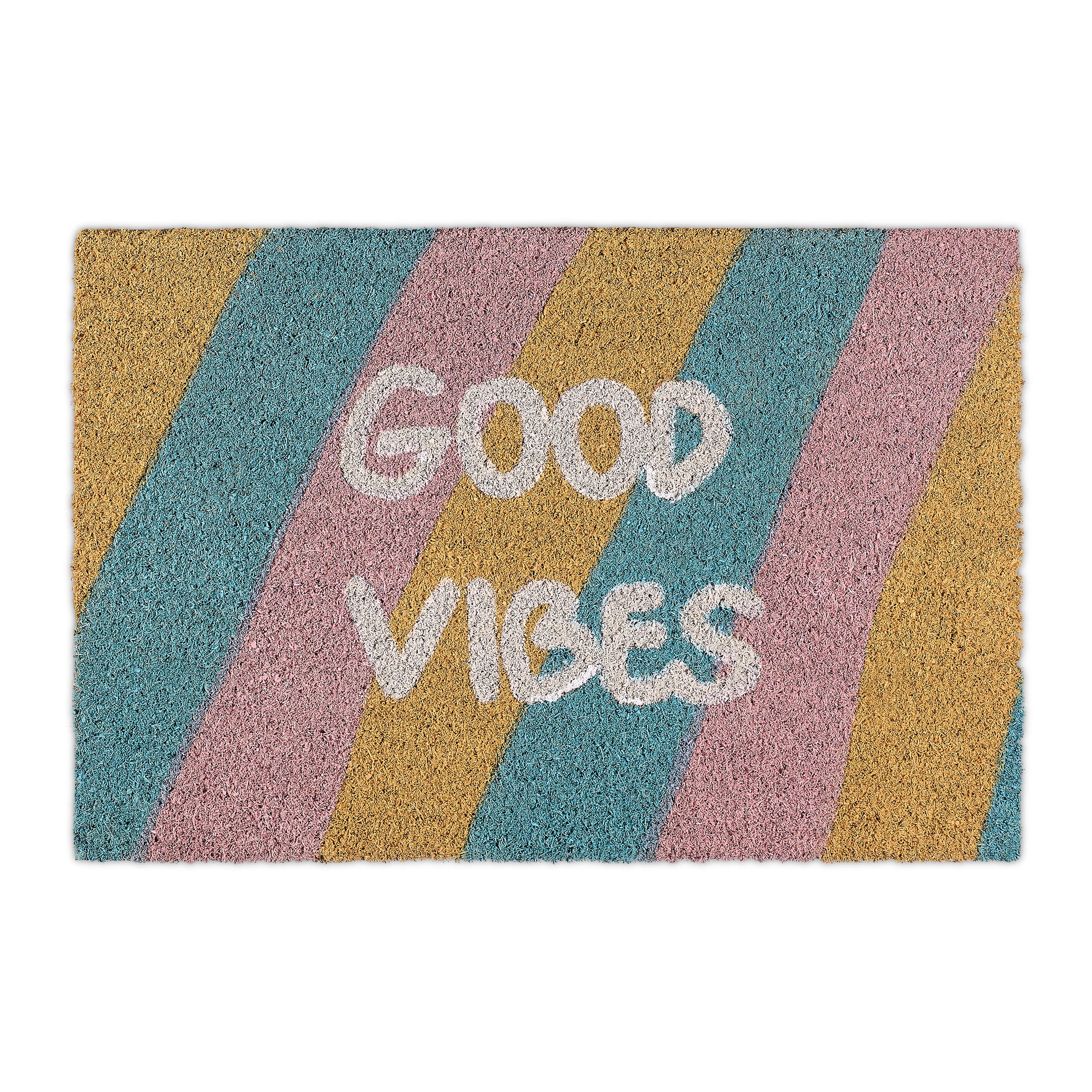 Relaxdays Doormat Coir, Door Mat “Good Vibes”, Colourful Stripes, Non-slip, Inside & Outside Use, 40x60 cm, Colourful