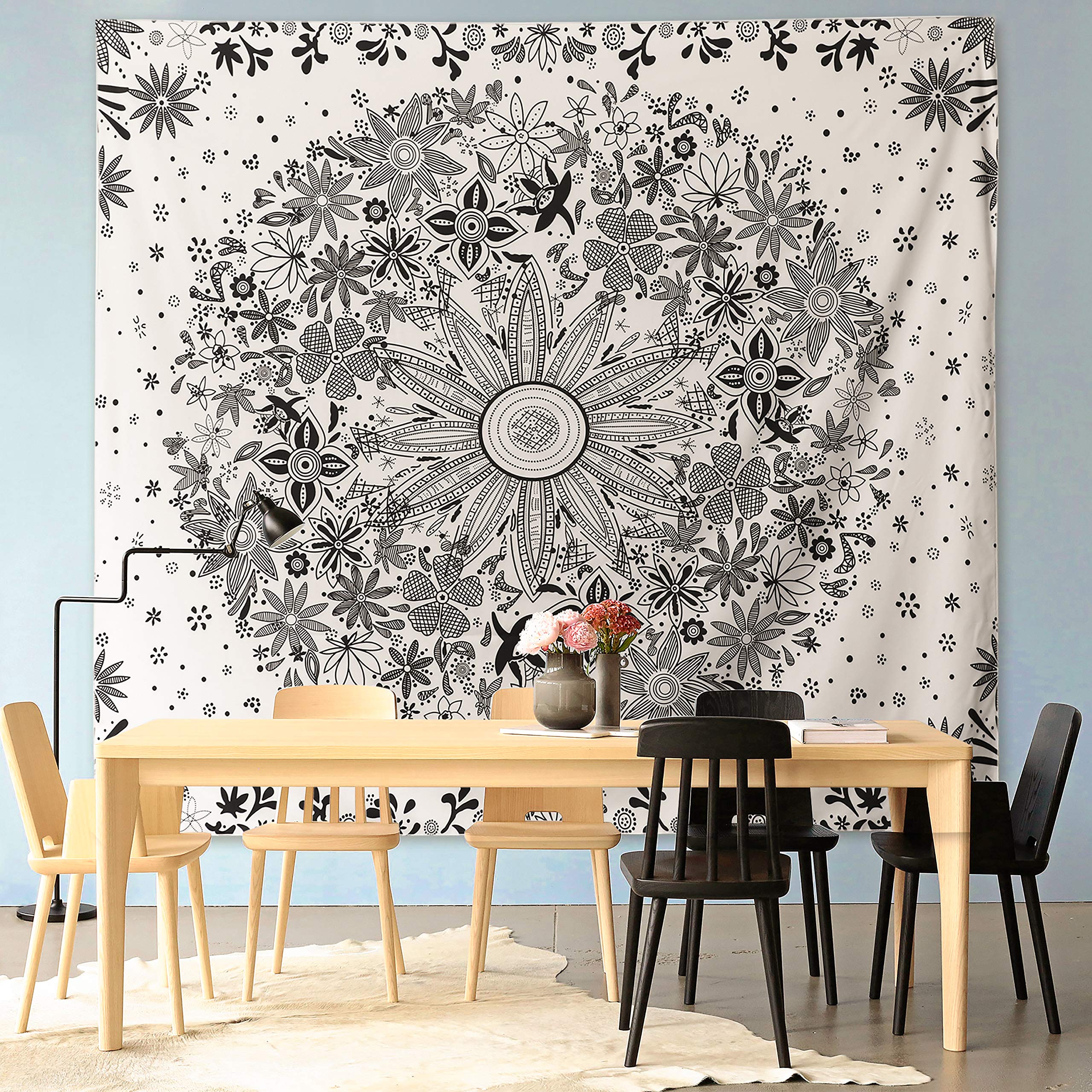 HAZANI Bohemian Wall Tapestry - 50 x 60 Inch Wall Tapestry for Hanging - White Flower Wall Tapestry with Dotted Daisy Medallion Print - Beautiful Hippie Home Decor for Any Room