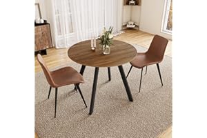 Zerifevni 34.6'' Dining Table and Chairs for 2, Mid Century Modern Round Table Set, Space Saving for Apartment Kitchen Dining Room (Walnut Table+2 Brown Chairs)