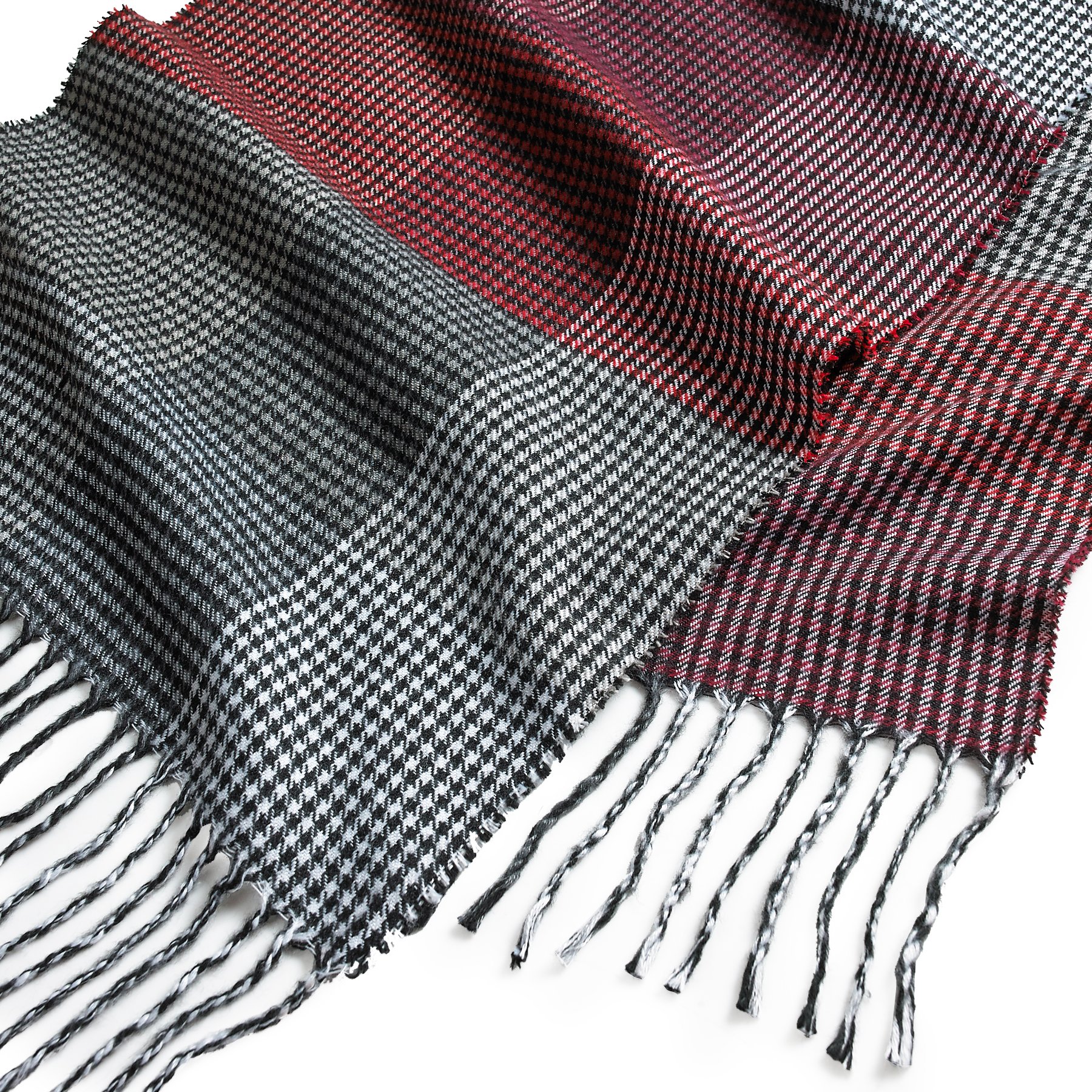 Cashmere-Feel Scarf, Super Soft & Cozy Luxury Warm Cold Weather Long Shawl 66” x 12” inch, Elegant Burgundy/Grey Small Check Fashion Tassel End Scarves Classic for Men and Women by Clara Clark